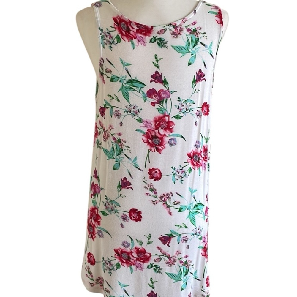 AGNES & DORA FLORAL PRINT TANK TUNIC TOP Size L  White Red Pink Turquoise Green - Picture 3 of 11
